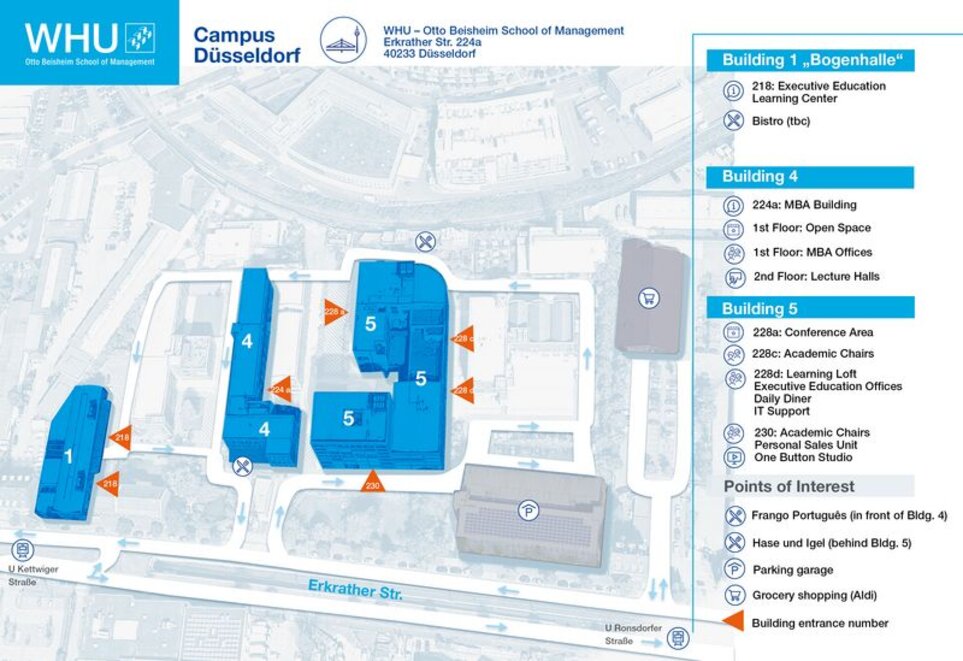 The image shows a map of WHU Campus Düsseldorf