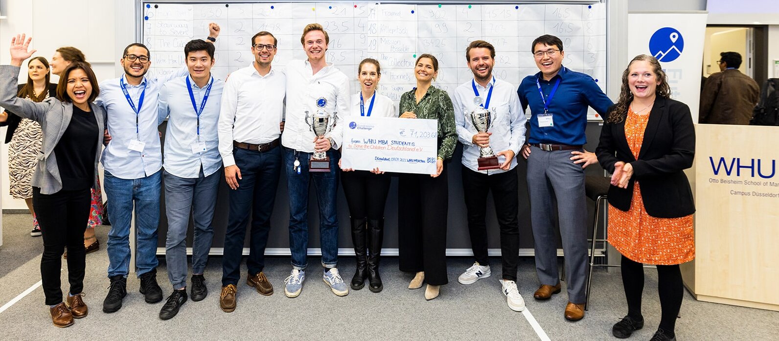 A group of MBA students smile into the camera. One man has a large silver trophy while two women next to him are holding a large cheque in the sum of over €71000 for Save The Children