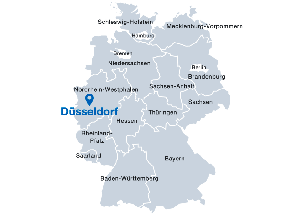 Map of Germany showing the location of Duesseldorf in the state of North Rhine Westphalia