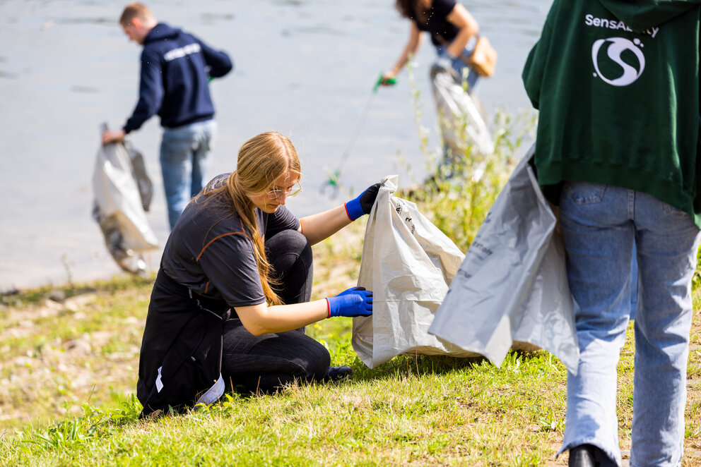 Vier junge Leute mit großen weißen Plastikmüllsäcken sammeln am grasbewachsenen Rheinufer Müll ein.